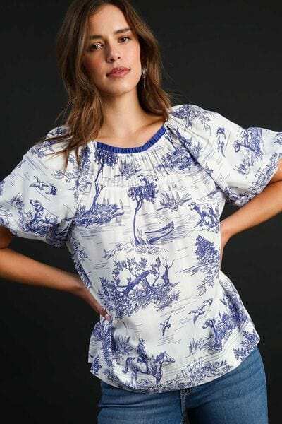 Umgee Full Size Two Tone Landscape Round Neck Print Top Plus Size - Trendsi - Flyclothing LLC