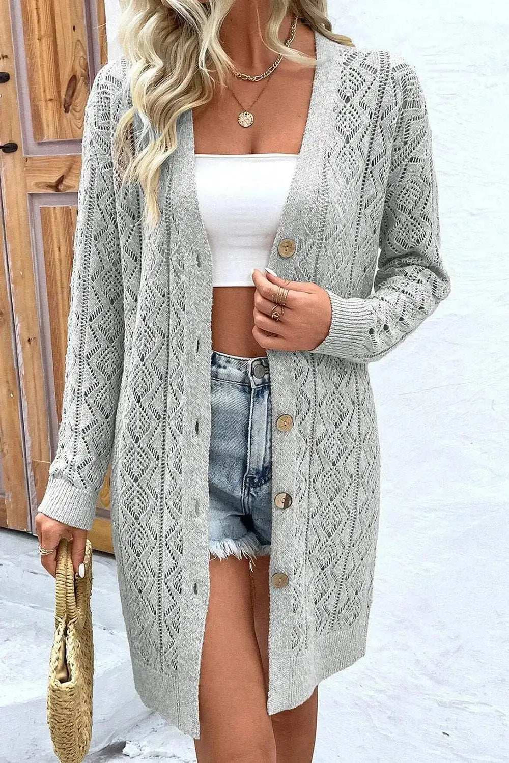 Openwork Button Down Long Sleeve Cardigan - Trendsi - Flyclothing LLC