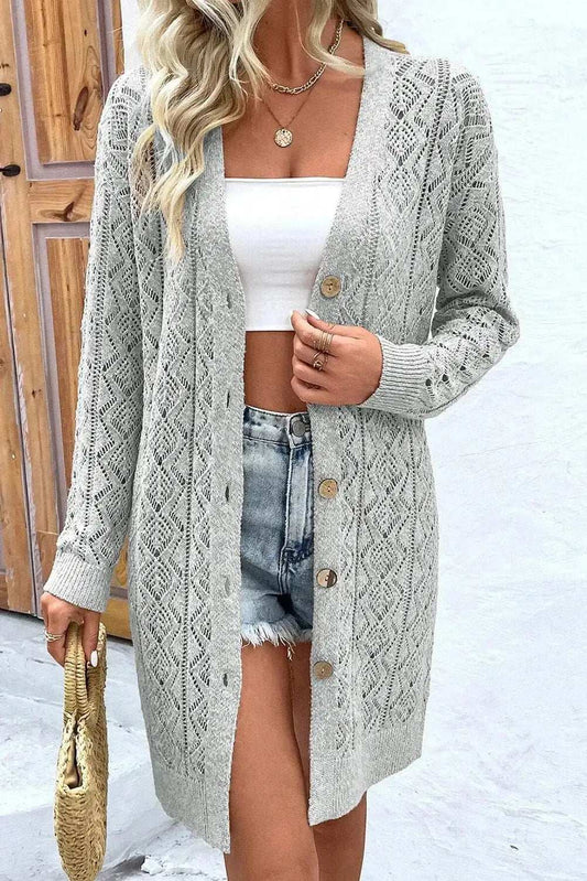 Openwork Button Down Long Sleeve Cardigan - Trendsi - Flyclothing LLC