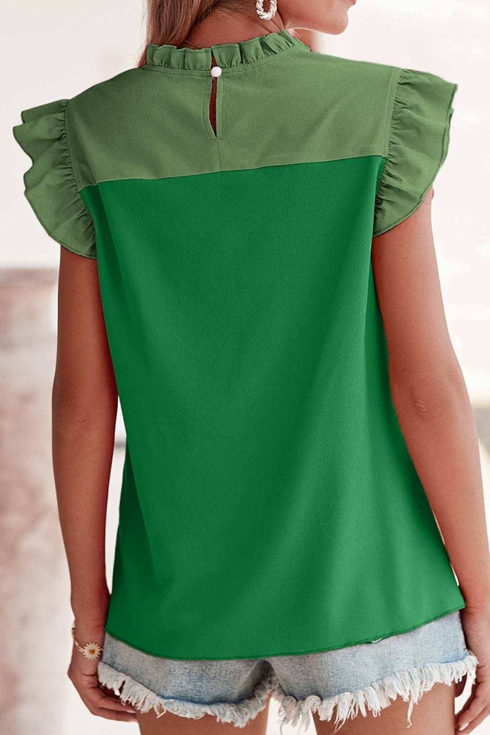 Ruffled Color Block Round Neck Cap Sleeve Blouse - Trendsi - Flyclothing LLC