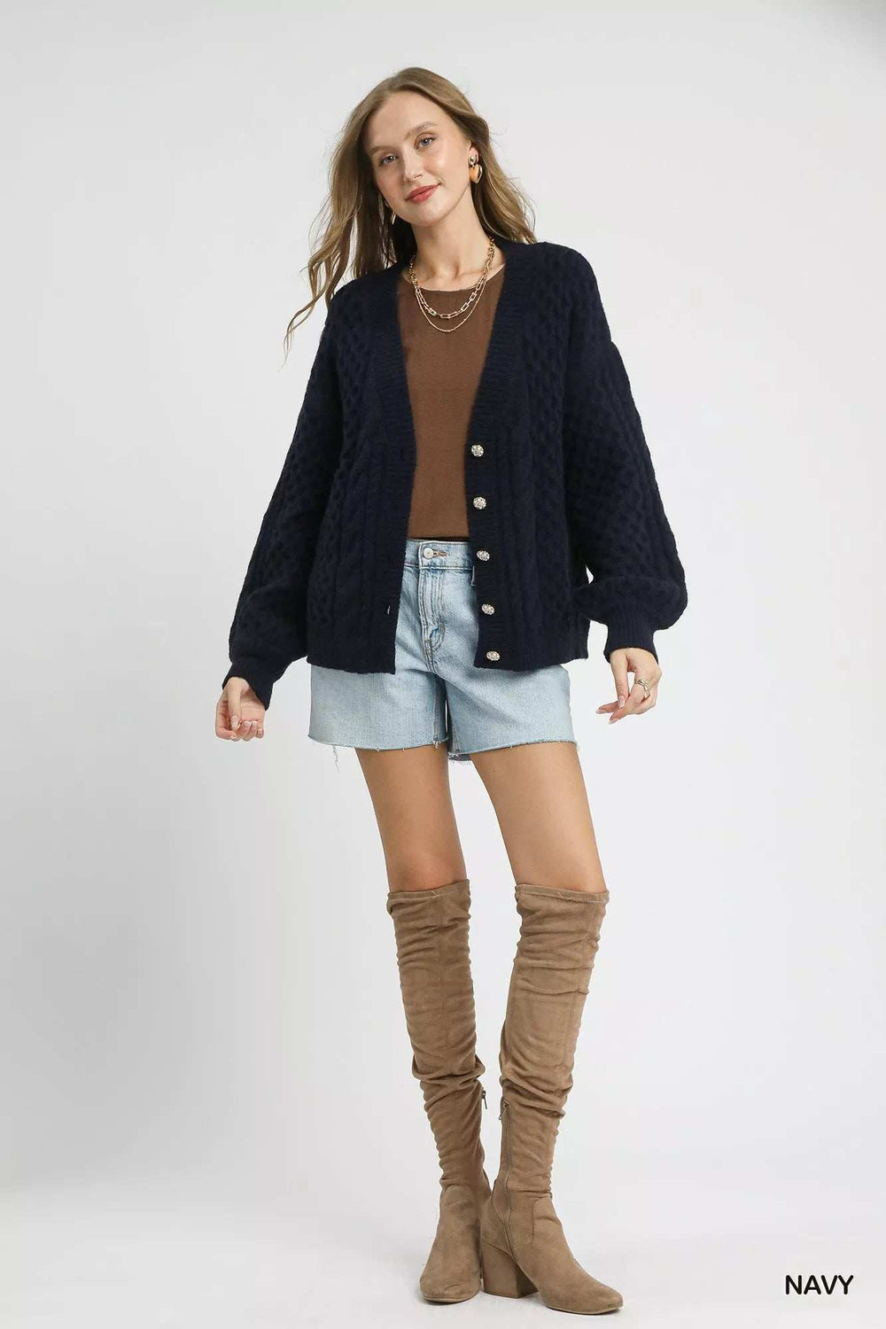 Umgee Cable Knit Pearl Button Cardigan - Trendsi - Flyclothing LLC