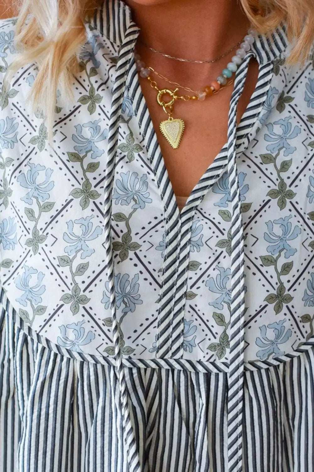 Tied Floral Printed Striped Long Sleeve Dress - Trendsi - Flyclothing LLC