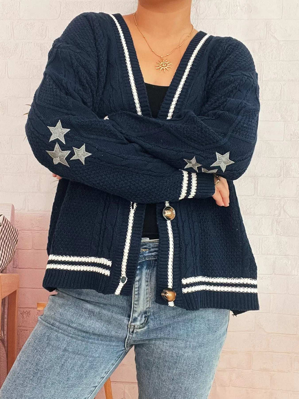 Star Pattern Button-Up Cardigan with Contrast Trim - Trendsi - Flyclothing LLC