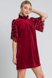 Umgee Dotted Lace Half Sleeve Mock Neck Back Tie Velvet Dress - Trendsi - Flyclothing LLC