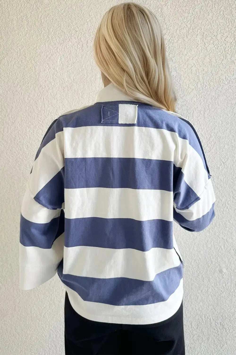 Oh Pima Cotton Wash Striped Half Zip Mock Neck Long Sleeve Top - Trendsi - Flyclothing LLC
