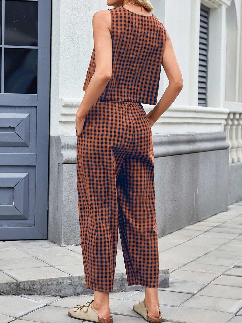 Lovelet Plaid Round Neck Sleeveless Top and Pants Set - Trendsi - Flyclothing LLC