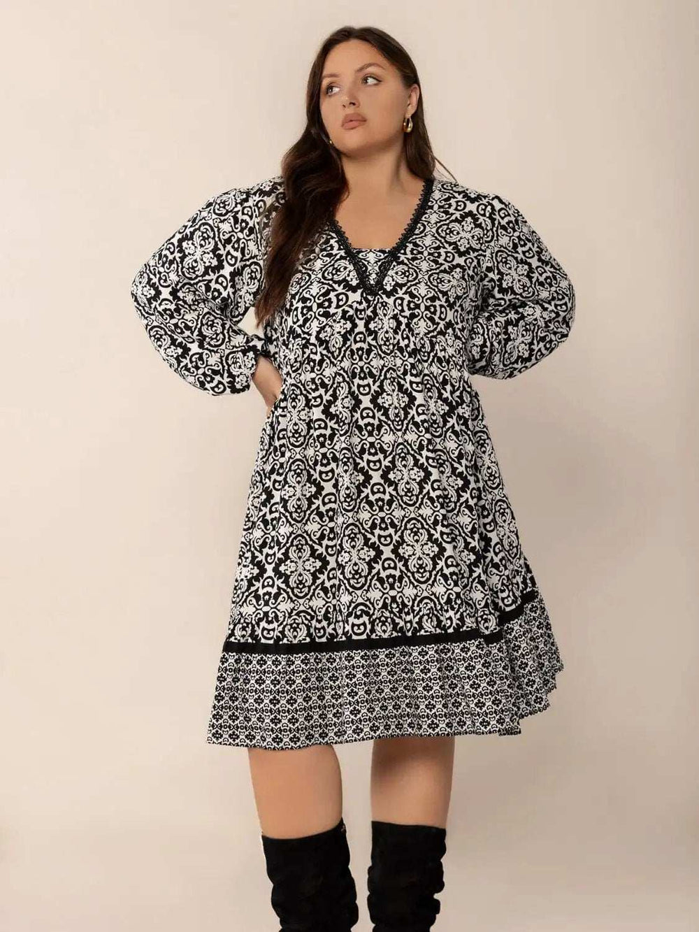 Plus Size Lace Detail Printed Balloon Sleeve Dress - Trendsi - Flyclothing LLC