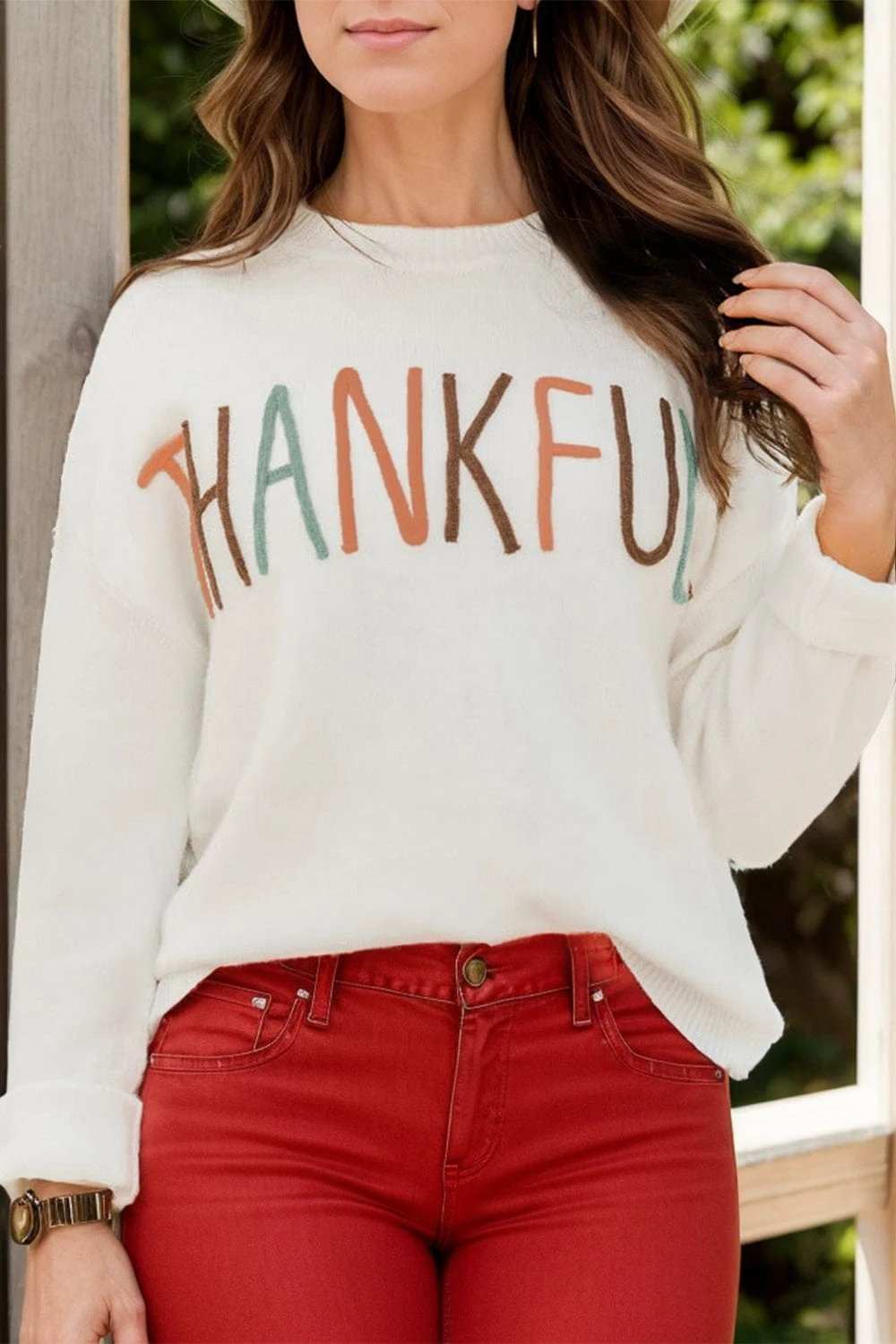 THANKFUL Round Neck Long Sleeve Knit Top - Trendsi - Flyclothing LLC