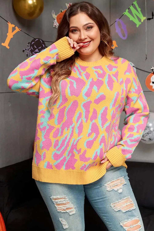 Plus Size Contrast Round Neck Long Sleeve Sweater - Trendsi - Flyclothing LLC