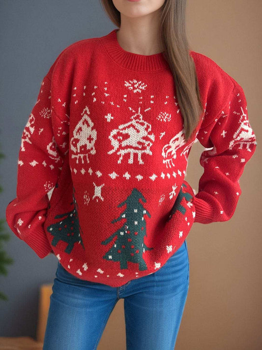 Christmas Element Round Neck Long Sleeve Sweater - Trendsi - Flyclothing LLC
