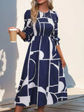 Smocked Color Block Long Sleeve Midi Dress - Trendsi - Flyclothing LLC