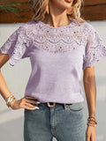 Round Neck Short Sleeve Crochet Top - Trendsi - Flyclothing LLC