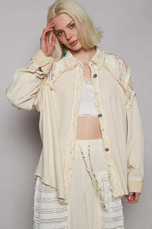 POL Lace Patchwork Button Up Shacket - Trendsi - Flyclothing LLC