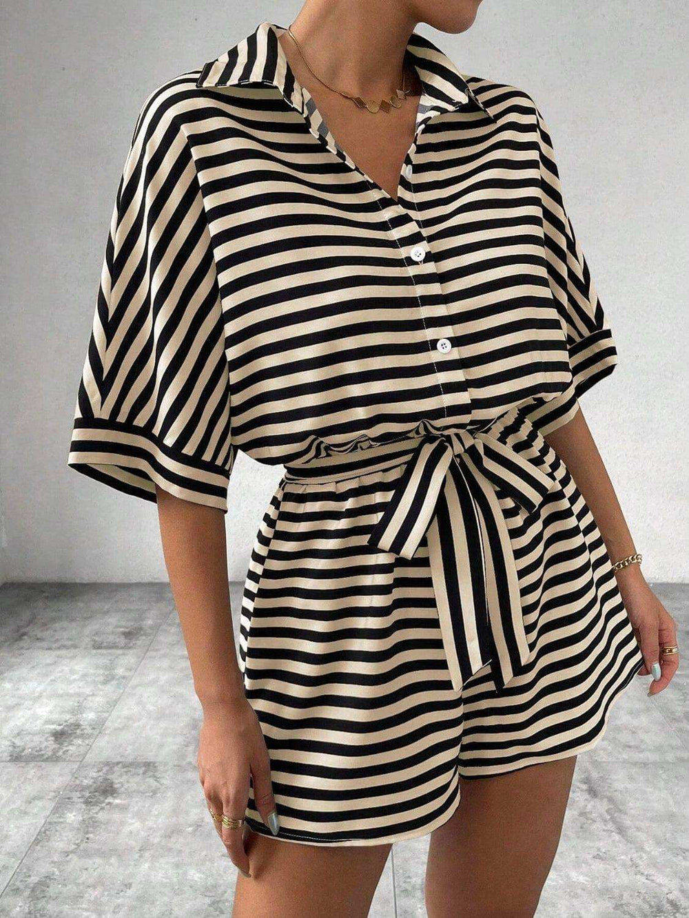 Tie Waist Half Button Striped Romper - Trendsi - Flyclothing LLC