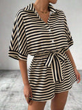 Tie Waist Half Button Striped Romper - Trendsi - Flyclothing LLC