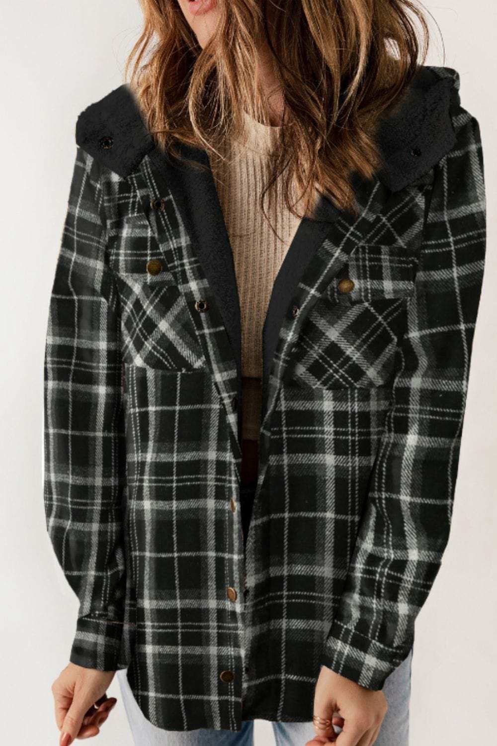 Plaid Button Up Long Sleeve Hooded Jacket - Trendsi - Flyclothing LLC