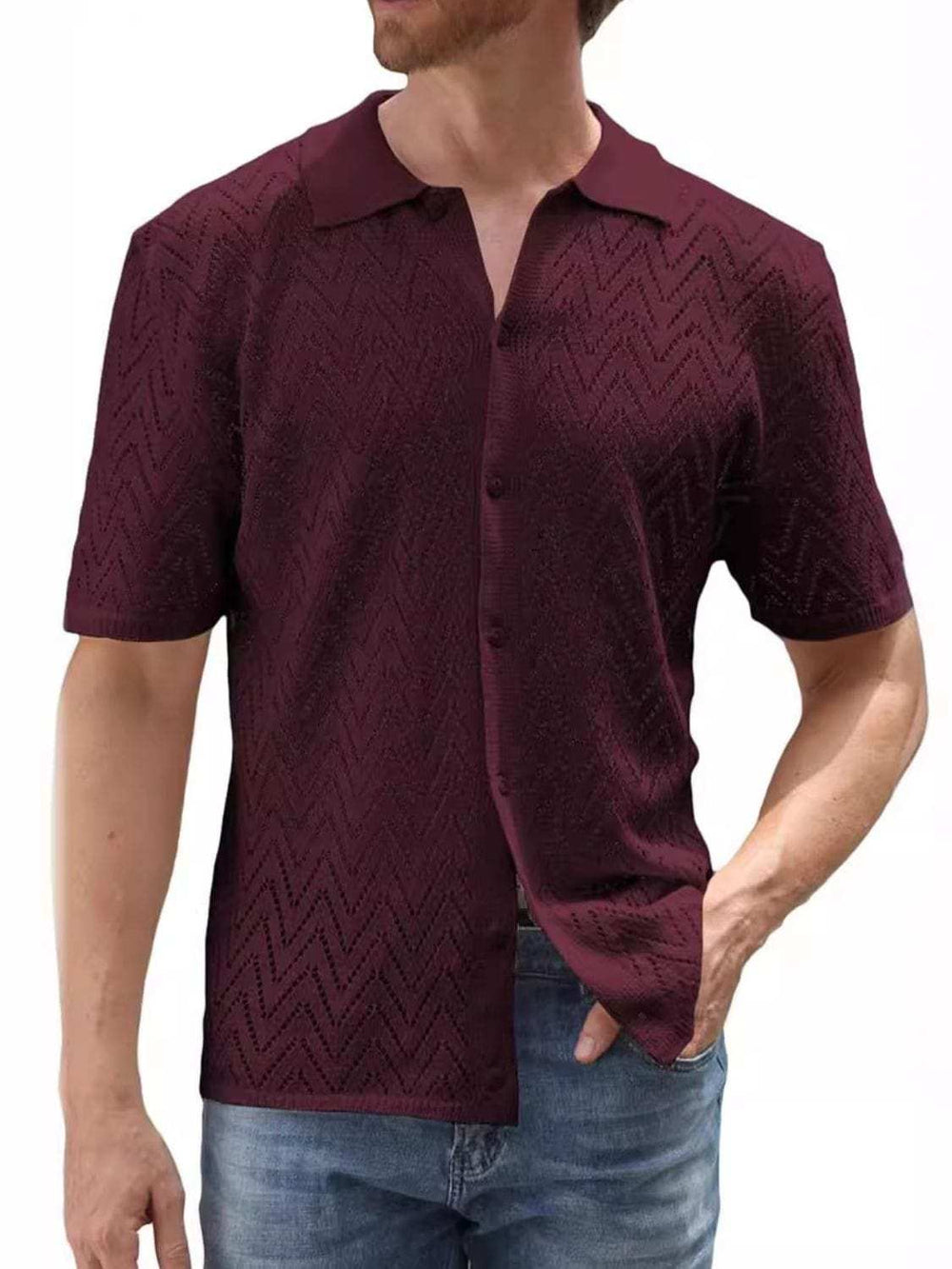 Men's Full Size Openwork Button Down Short Sleeve Shirt Plus Size - Trendsi - Flyclothing LLC