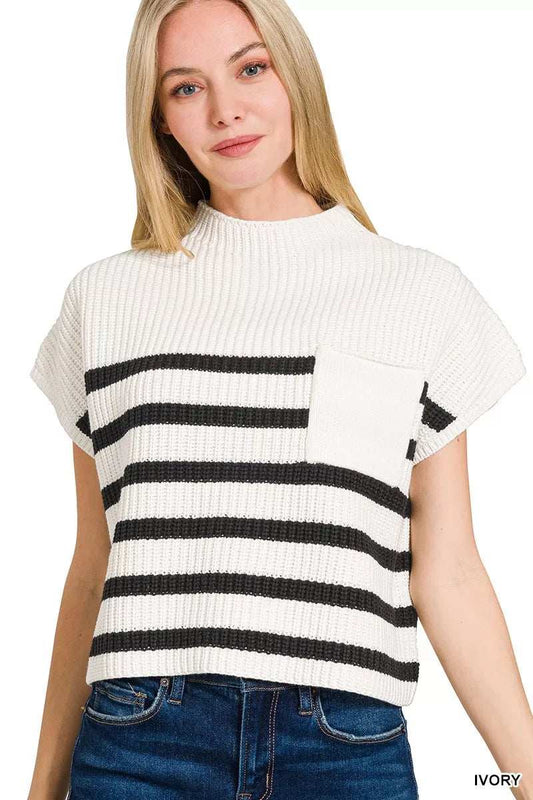 Zenana Short Sleeve Stripe Sweater - Trendsi - Flyclothing LLC