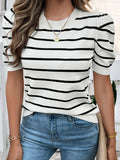Striped Round Neck Puff Sleeve Knit Top - Trendsi - Flyclothing LLC