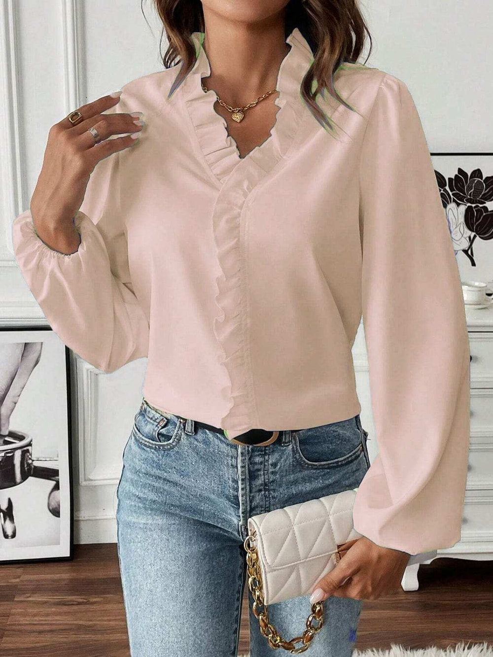 Ruffled V-Neck Long Sleeve Blouse - Trendsi - Flyclothing LLC
