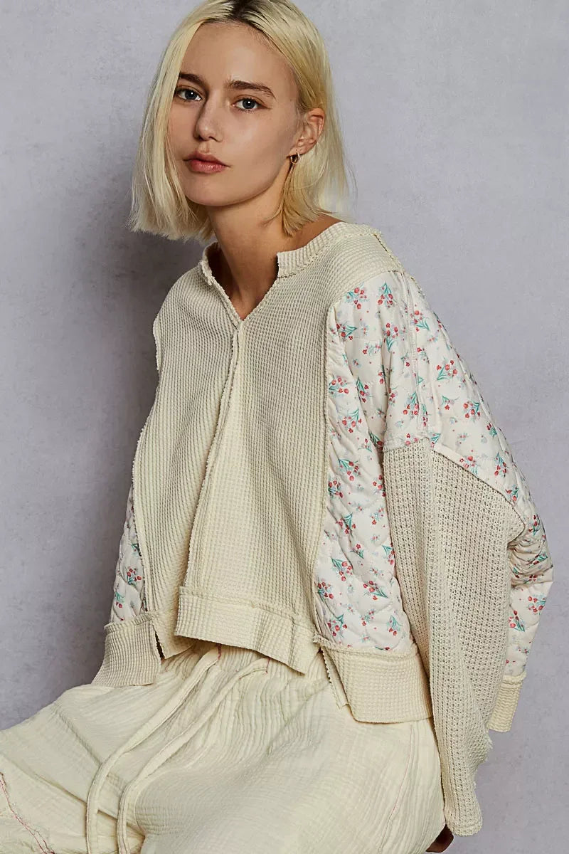 POL Mix Thermal Floral Pattern Quilted Knit Cropped Top with Raw Edge Detail - Trendsi - Flyclothing LLC