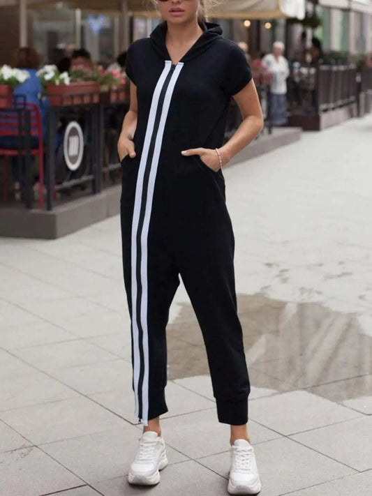 Striped Short Sleeve Hooded Jumpsuit - Trendsi - Flyclothing LLC