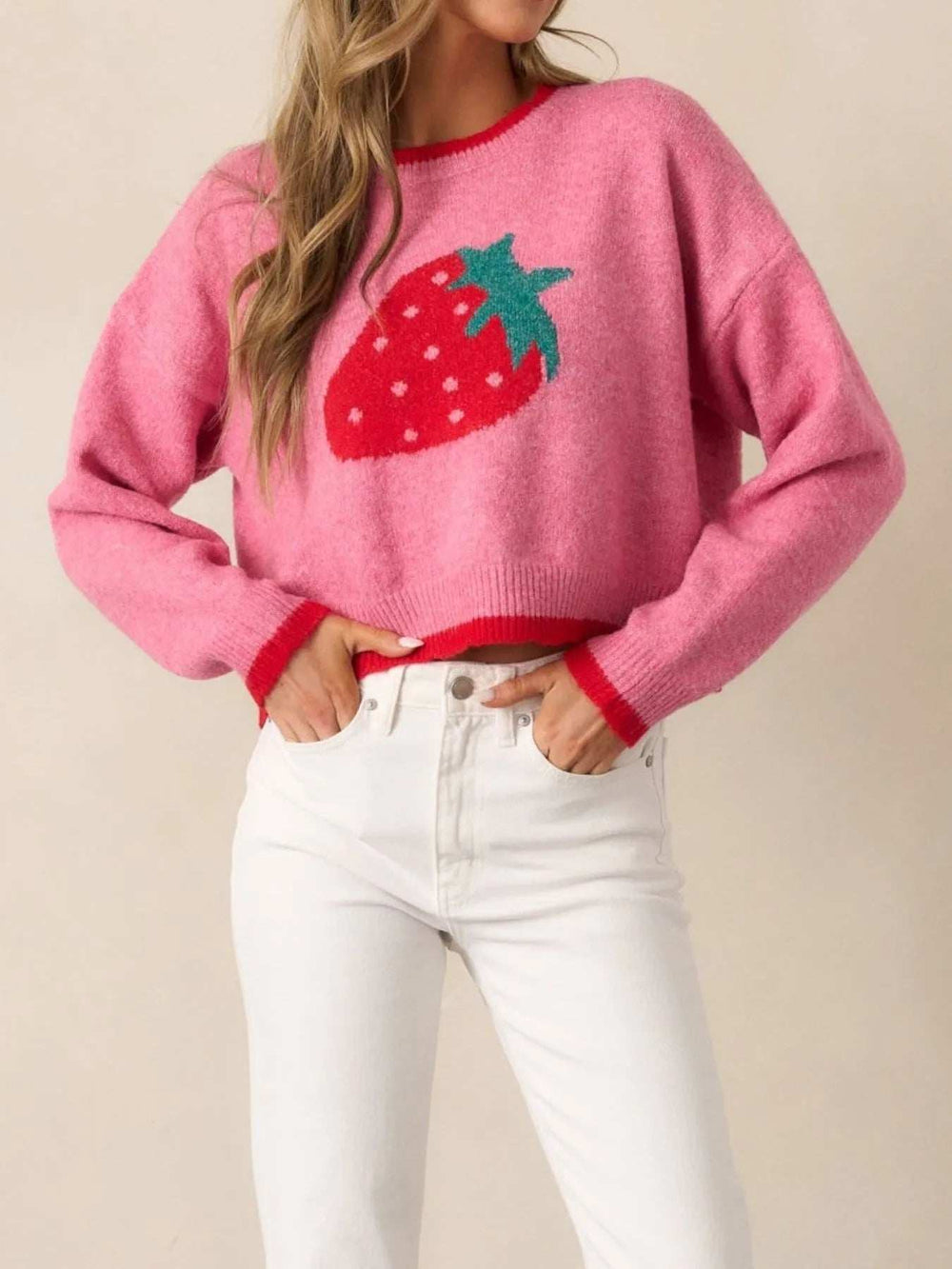 Strawberry Round Neck Long Sleeve Sweater - Trendsi - Flyclothing LLC
