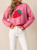 Strawberry Round Neck Long Sleeve Sweater - Trendsi - Flyclothing LLC