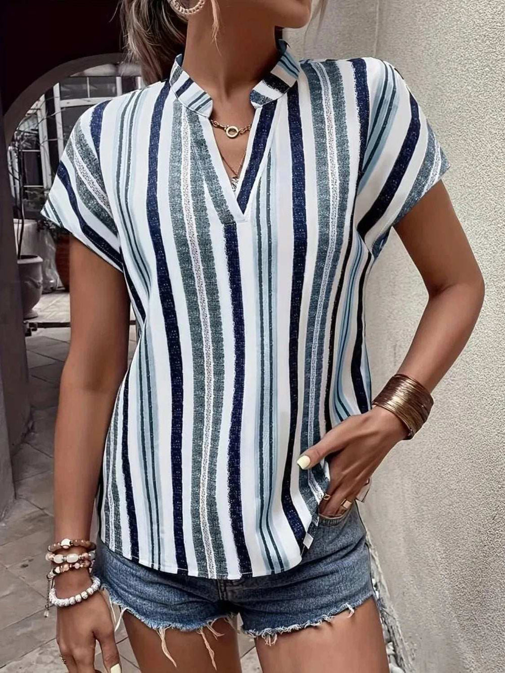 Striped Notched Short Sleeve Shirt - Trendsi - Flyclothing LLC