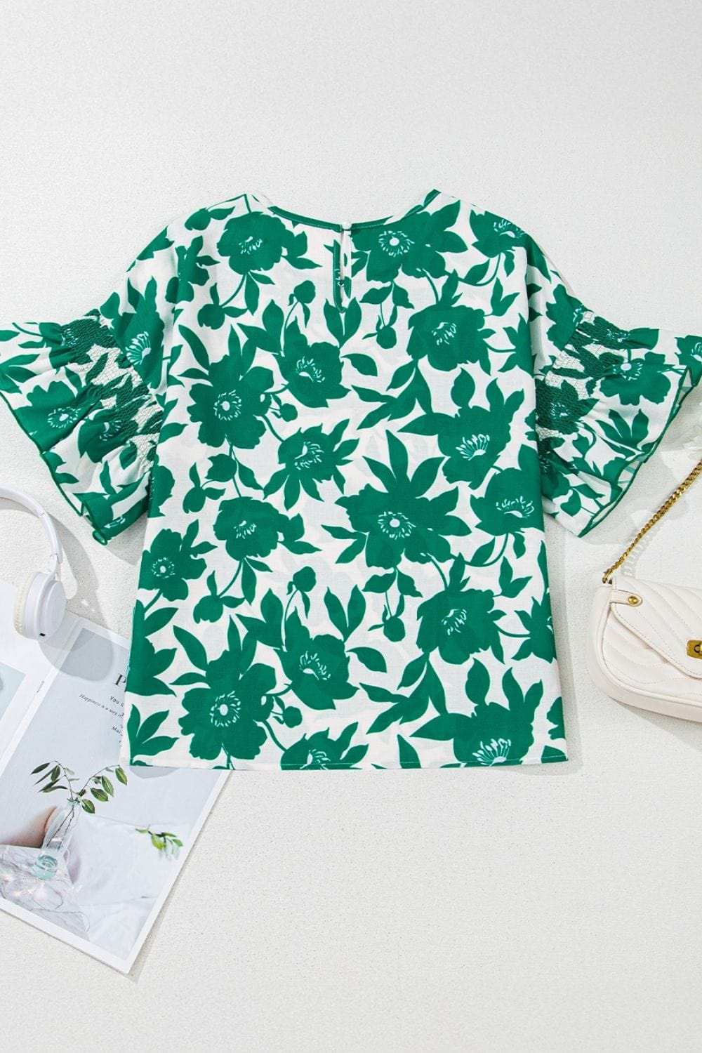 Floral Print Ruffled Short Sleeve Round Neck Loose Blouse - Trendsi - Flyclothing LLC