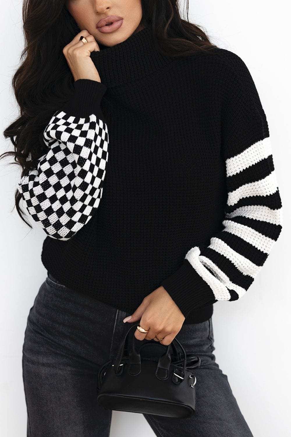 Striped & Checkered Turtleneck Dropped Shoulder Sweater - Trendsi - Flyclothing LLC