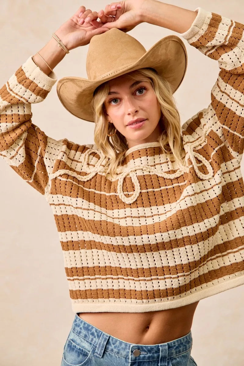 BiBi Striped Open Knit Sweater Top with Front Braided Detail - Trendsi - Flyclothing LLC