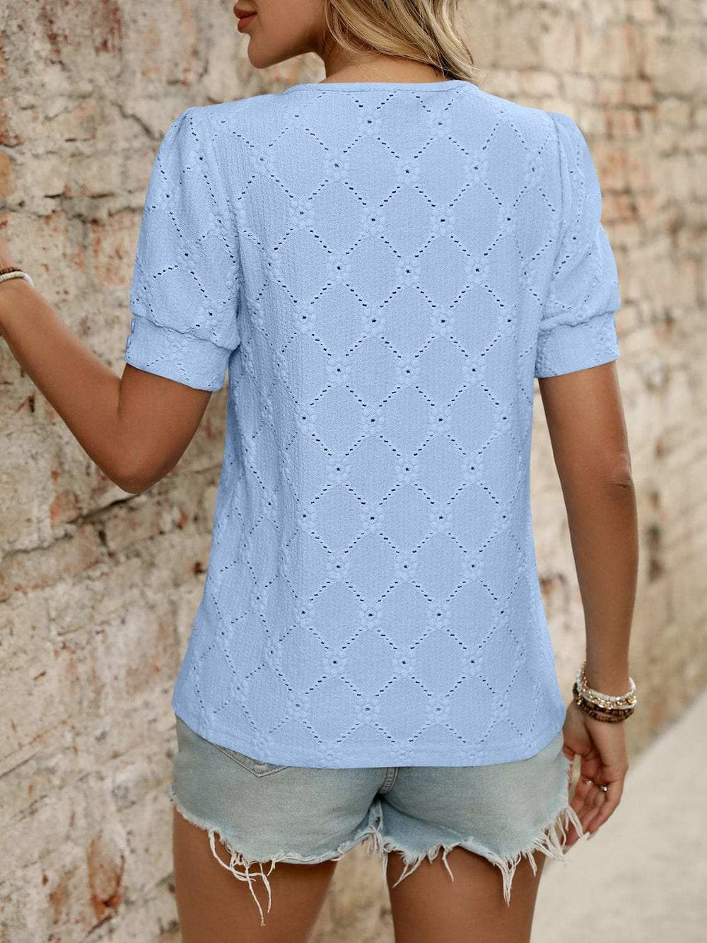 Eyelet Round Neck Short Sleeve Top - Trendsi - Flyclothing LLC