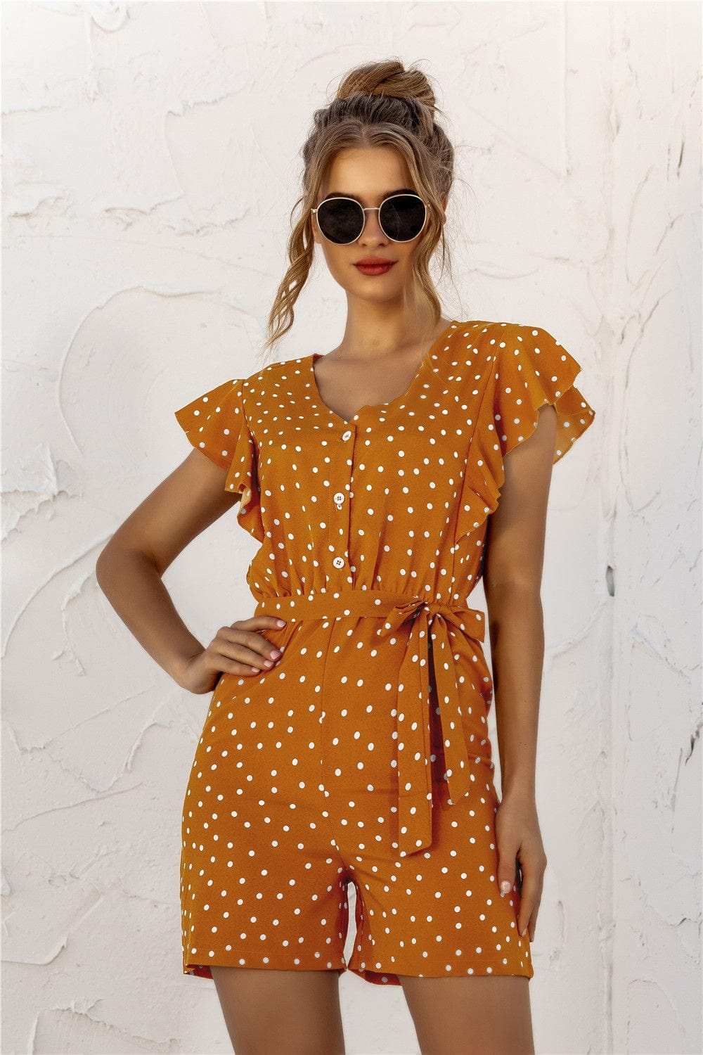 Ruffled Polka Dot Half Button Romper - Trendsi - Flyclothing LLC