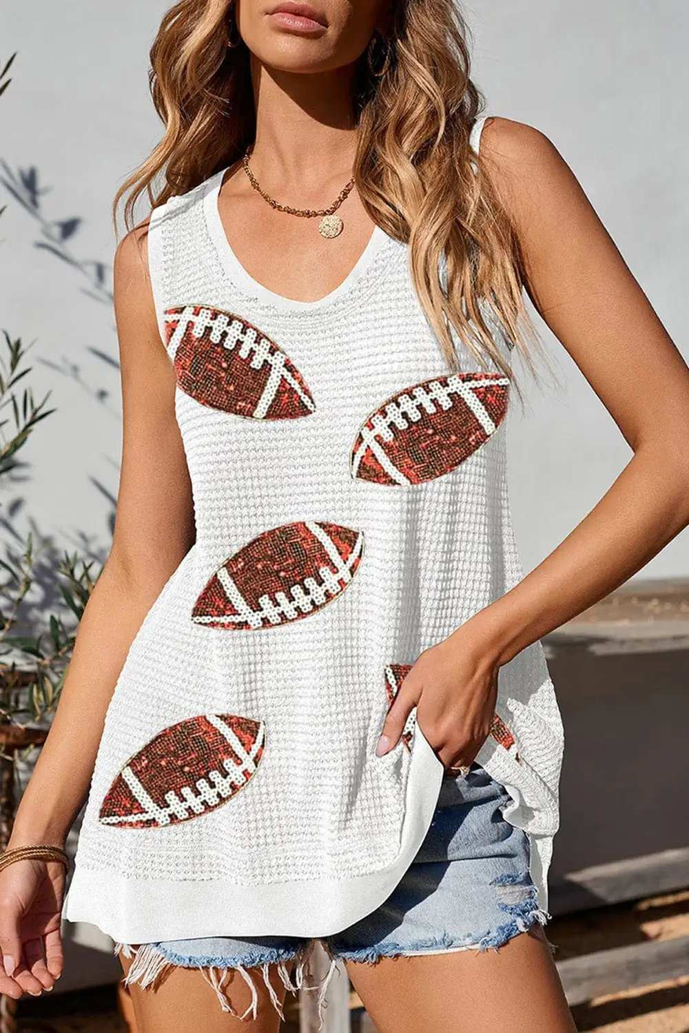 Sequin Football Round Neck Tank - Trendsi - Flyclothing LLC