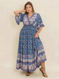 Plus Size Printed Surplice Half Sleeve Dress - Trendsi - Flyclothing LLC