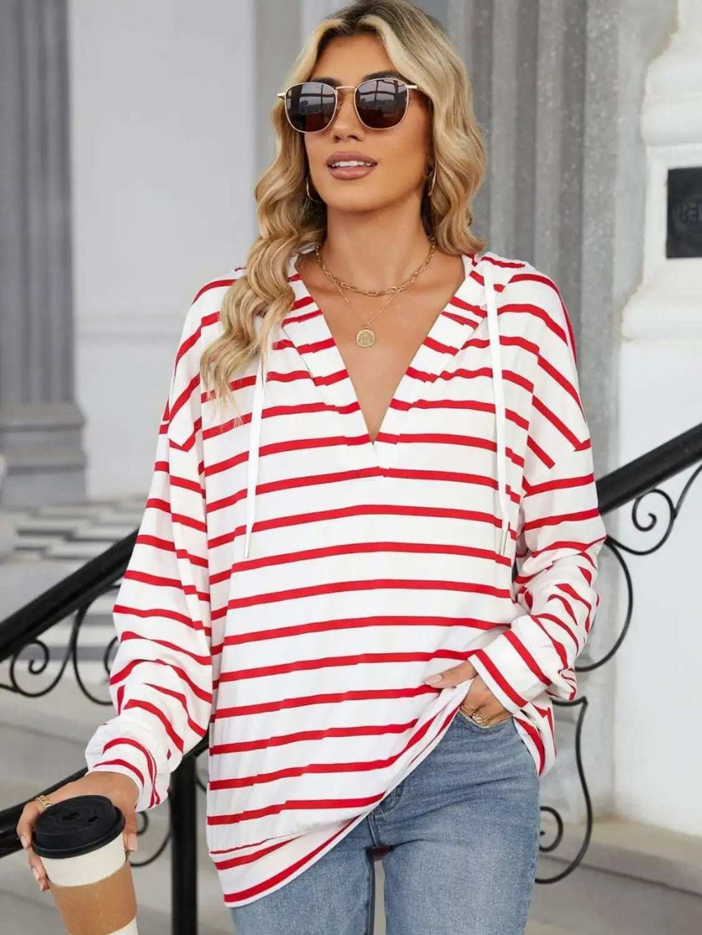 Drawstring Striped Long Sleeve Hoodie - Trendsi - Flyclothing LLC