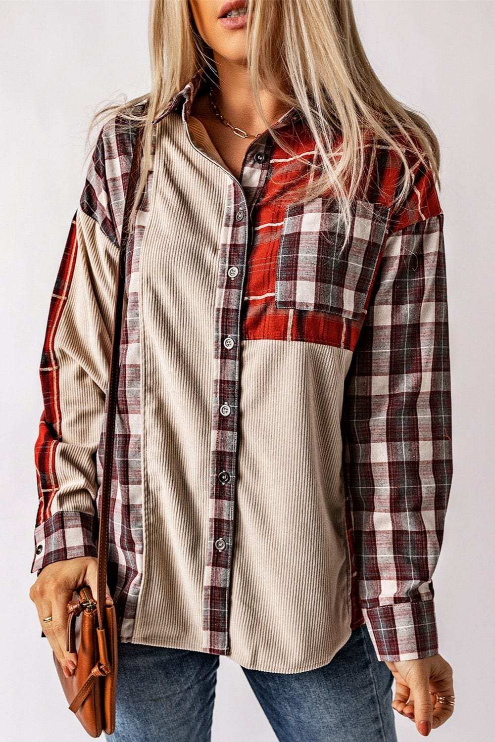 Plaid Patchwork Collared Neck Shacket - Trendsi - Flyclothing LLC