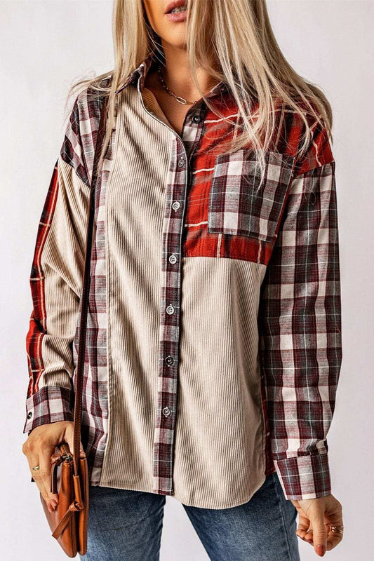 Plaid Patchwork Collared Neck Shacket - Trendsi - Flyclothing LLC