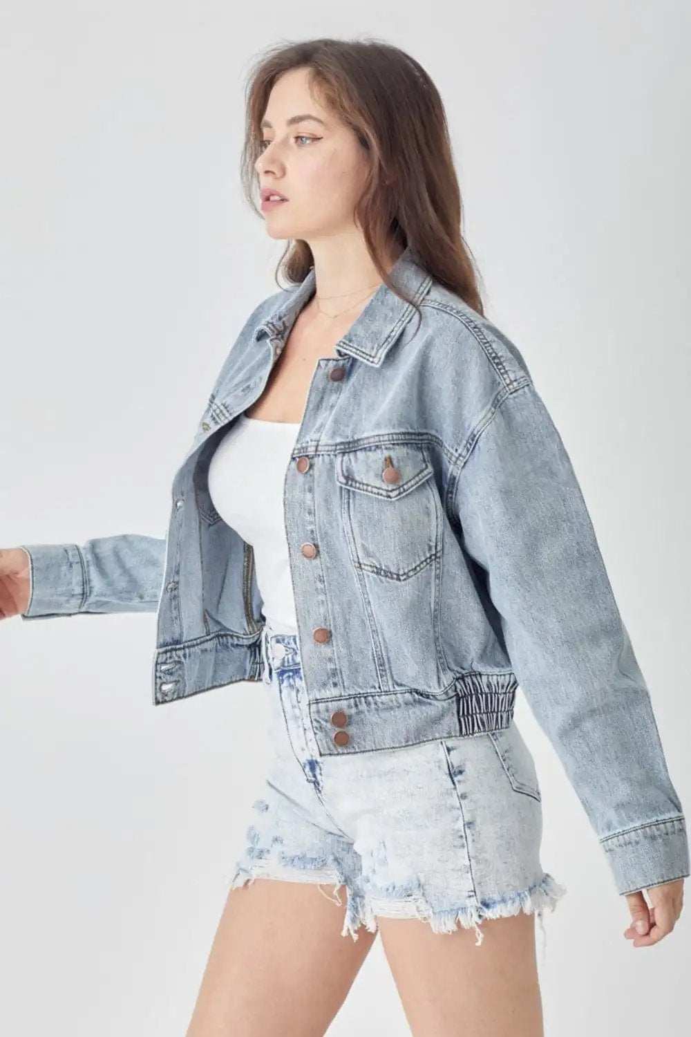 RISEN Full Size Button Down Cropped Denim Jacket - Trendsi - Flyclothing LLC