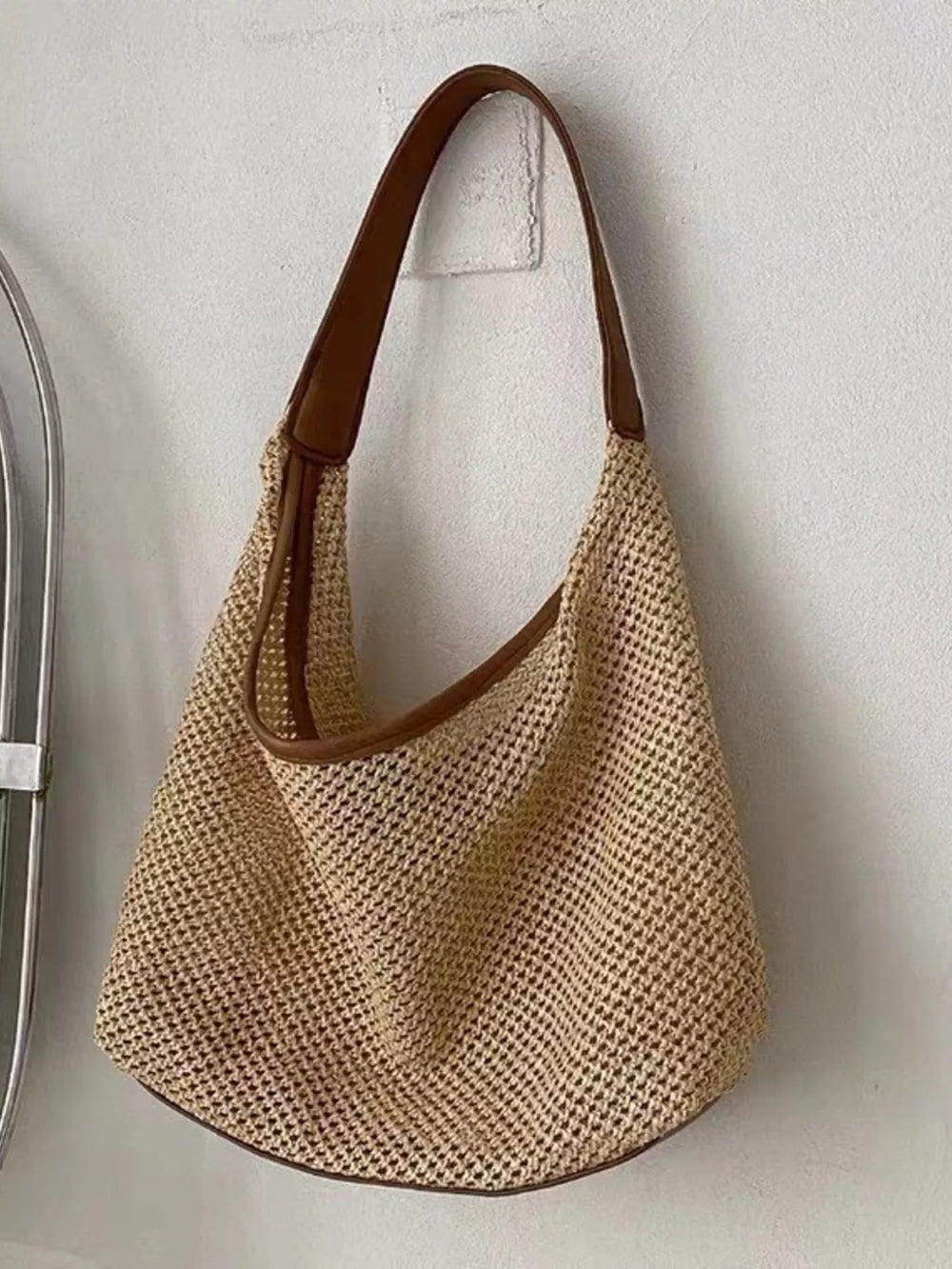 Woven Straw Handbag with Leather Strap - Trendsi - Flyclothing LLC