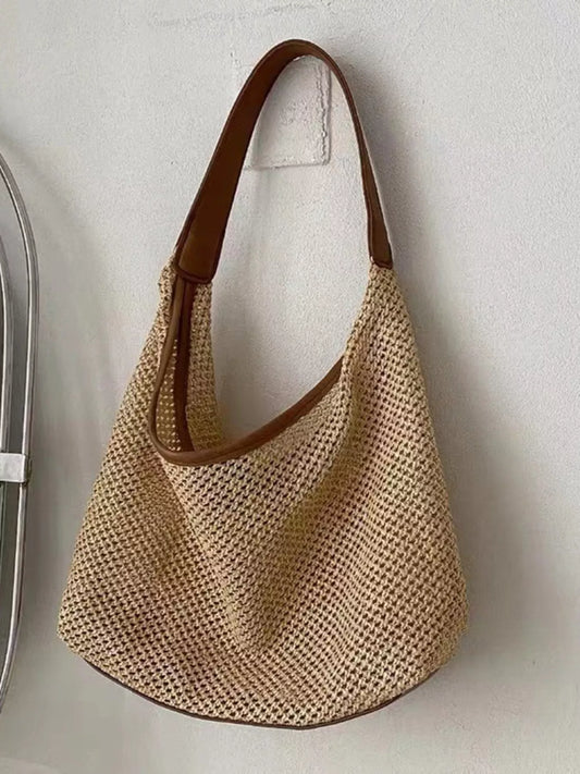 Woven Straw Handbag with Leather Strap - Trendsi - Flyclothing LLC