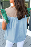 Color Block Notched Ruffled Cap Sleeve Blouse - Trendsi - Flyclothing LLC
