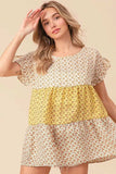 BiBi Flroal Printed Woven Color Block and Tiered Top - Trendsi - Flyclothing LLC