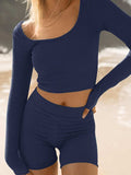 Scoop Neck Long Sleeve Top and Shorts Set - Trendsi - Flyclothing LLC