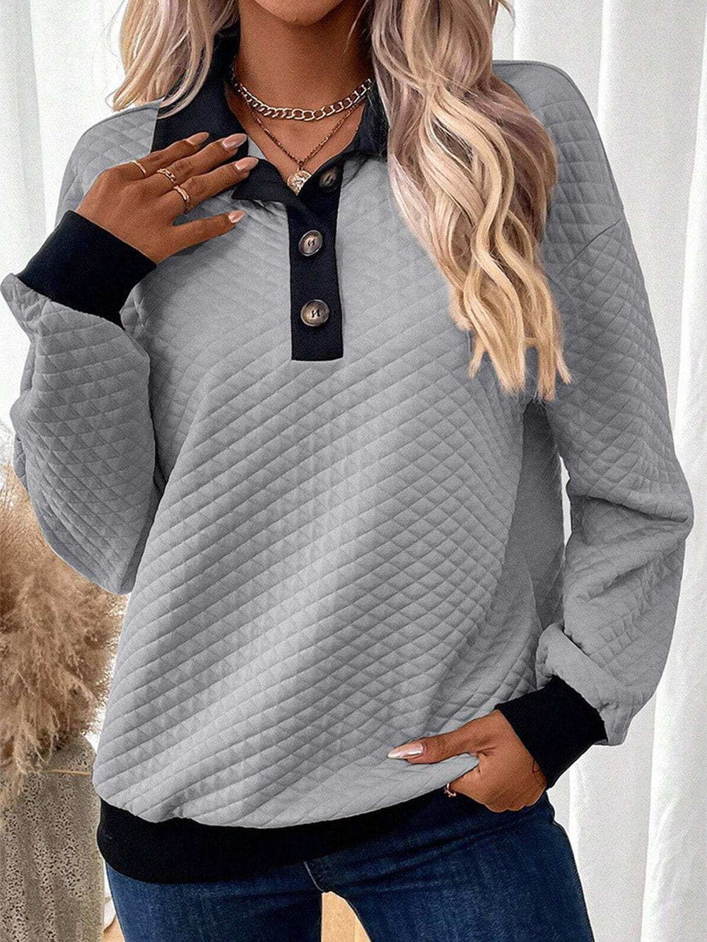 Texture Quarter Button Long Sleeve Sweatshirt - Trendsi - Flyclothing LLC