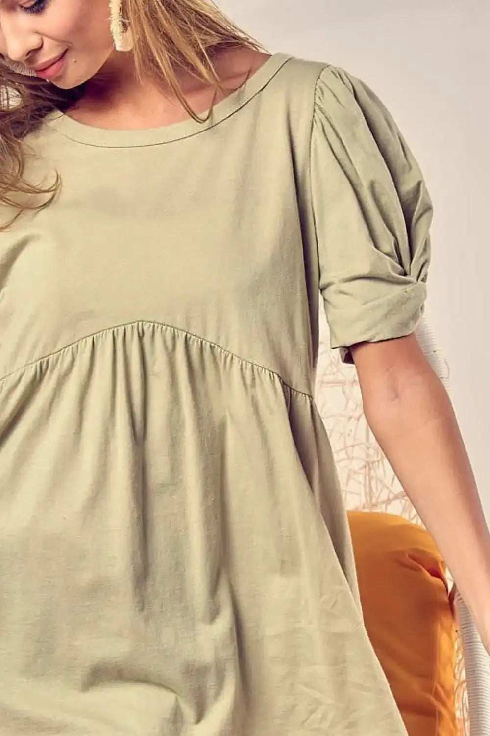 BiBi Cotton Span Knit With Puff Sleeve Baby Doll Top - Trendsi - Flyclothing LLC