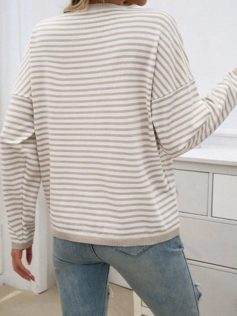 Striped Round Neck Dropped Shoulder Sweater - Trendsi - Flyclothing LLC
