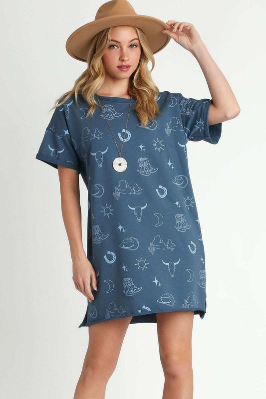 Umgee Full Size French Terry Short Sleeve Round Neck Dress Plus Size - Trendsi - Flyclothing LLC