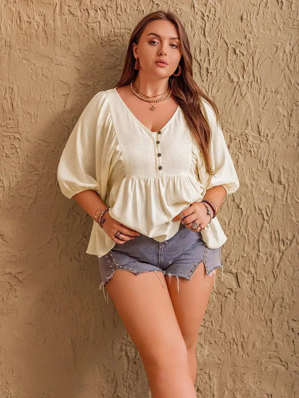 Plus Size Peplum V-Neck Half Sleeve Blouse - Trendsi - Flyclothing LLC